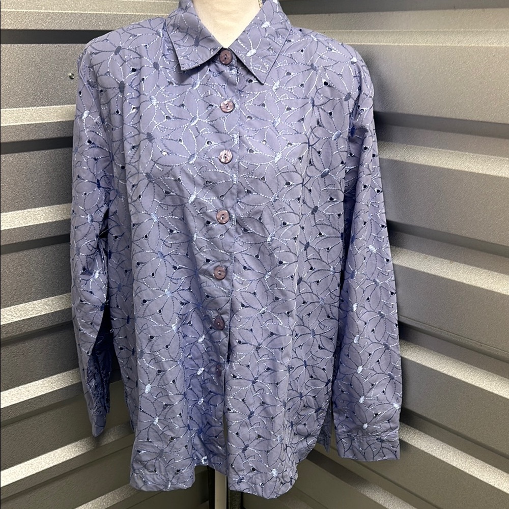 Drapers & Damons Women's Blue FLORAL Eyelet VTG Y2K PLUS 1X‎ Grandma Spring Top